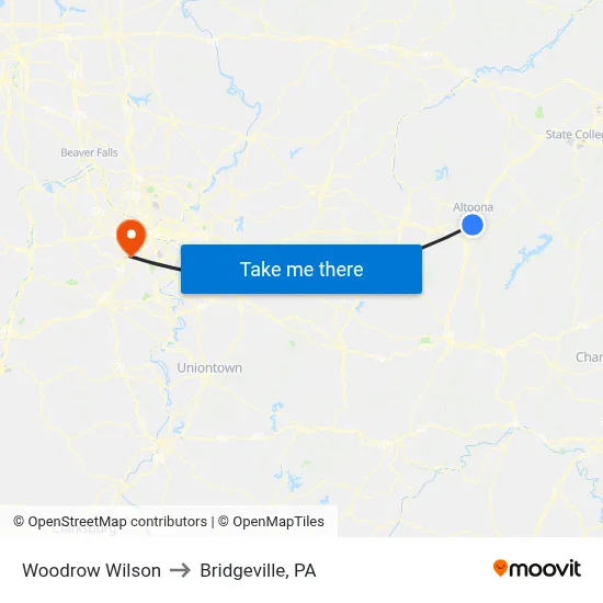 Woodrow Wilson to Bridgeville, PA map