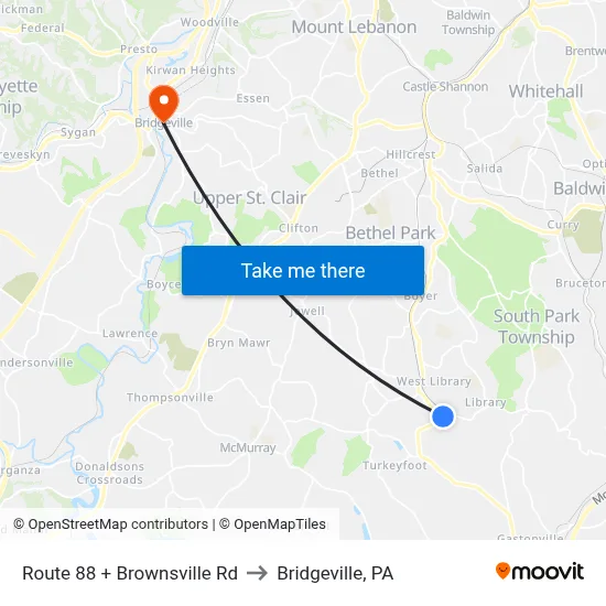 Route 88 + Brownsville Rd to Bridgeville, PA map