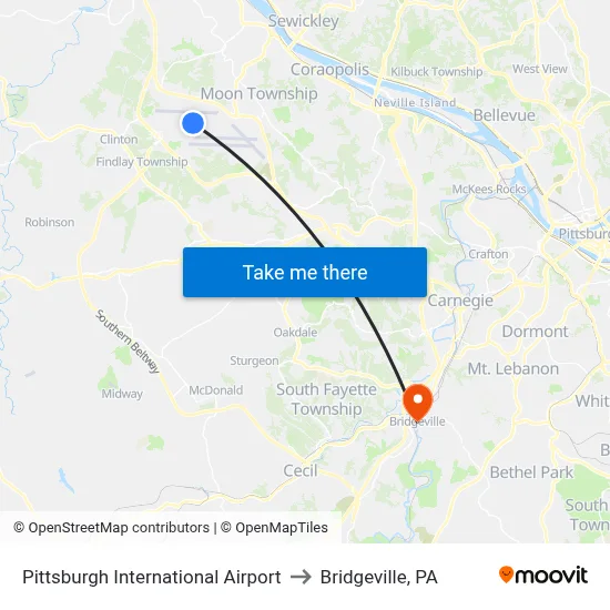 Pittsburgh International Airport to Bridgeville, PA map