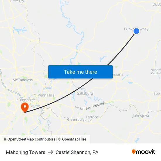 Mahoning Towers to Castle Shannon,  PA map