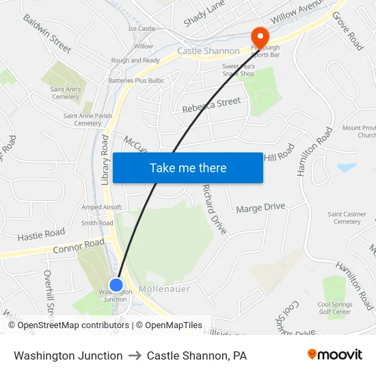 Washington Junction to Castle Shannon,  PA map