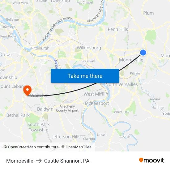 Monroeville to Castle Shannon,  PA map
