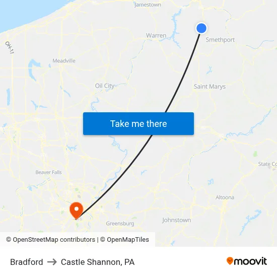 Bradford to Castle Shannon,  PA map