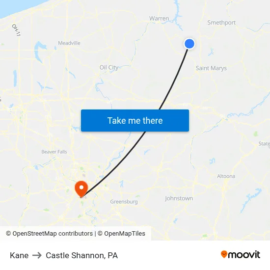 Kane to Castle Shannon,  PA map