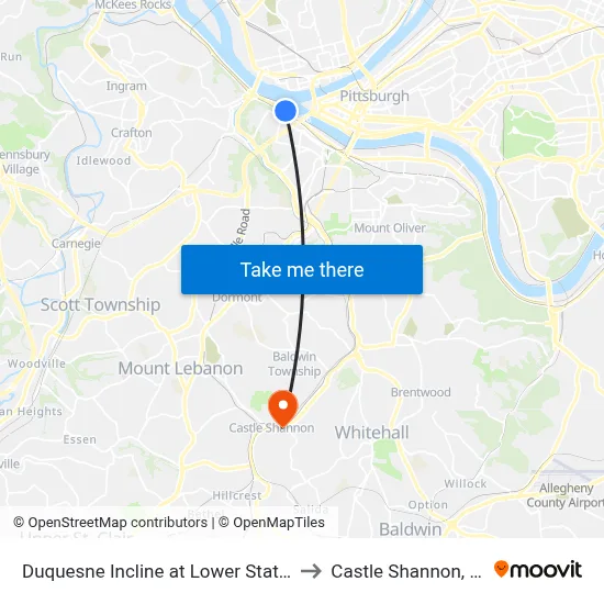 Duquesne Incline at Lower Station to Castle Shannon,  PA map