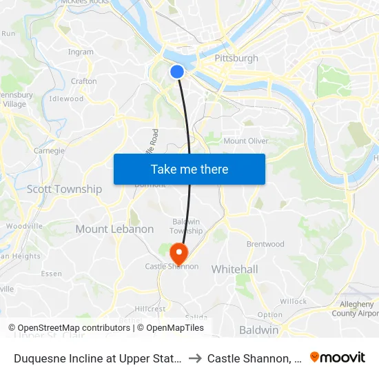 Duquesne Incline at Upper Station to Castle Shannon,  PA map