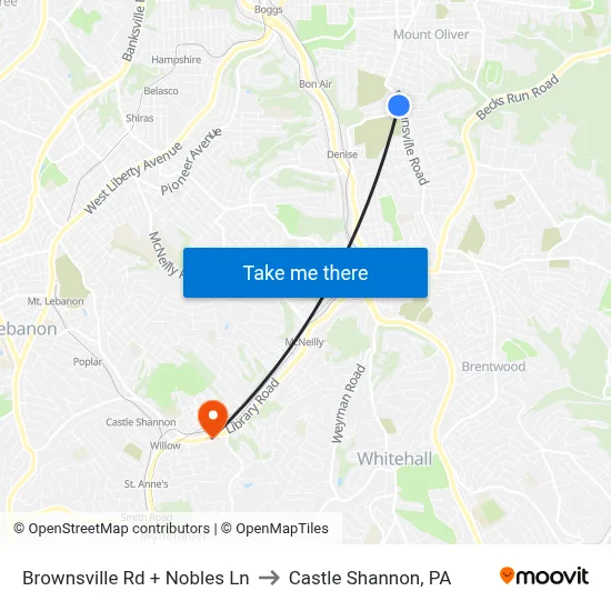 Brownsville Rd + Nobles Ln to Castle Shannon,  PA map