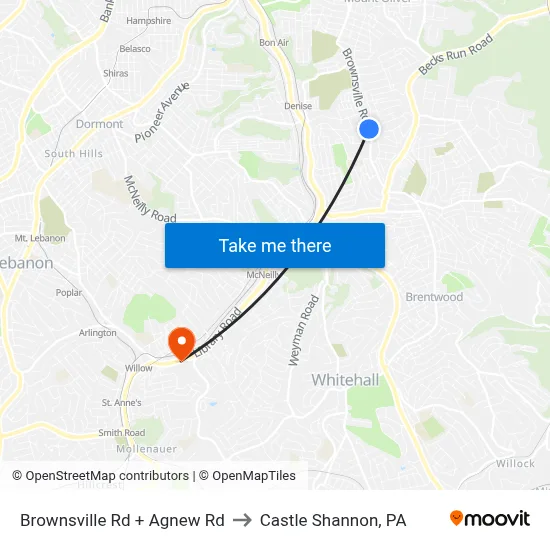 Brownsville Rd + Agnew Rd to Castle Shannon,  PA map