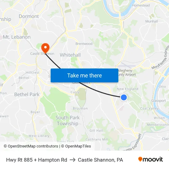 Hwy Rt 885 + Hampton Rd to Castle Shannon,  PA map