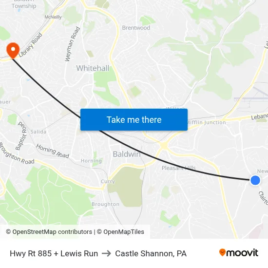 Hwy Rt 885 + Lewis Run to Castle Shannon,  PA map