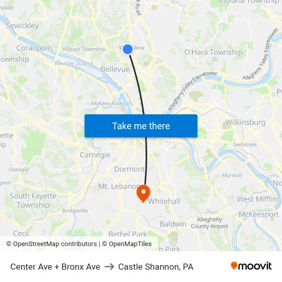 Center Ave + Bronx Ave to Castle Shannon,  PA map
