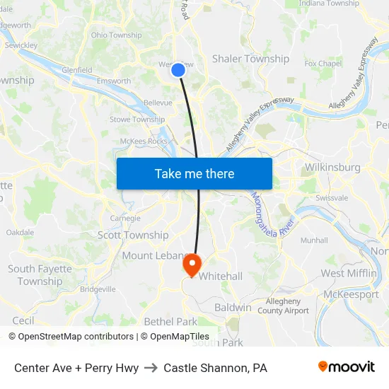 Center Ave + Perry Hwy to Castle Shannon,  PA map