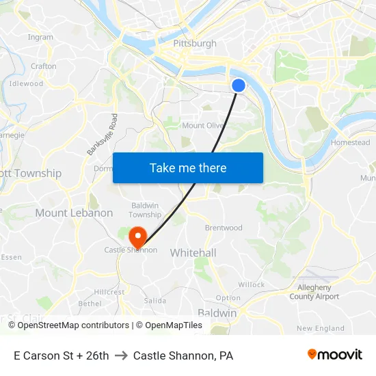 E Carson St + 26th to Castle Shannon,  PA map