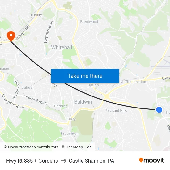 Hwy Rt 885 + Gordens to Castle Shannon,  PA map