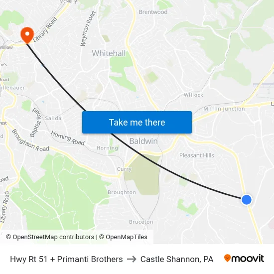 Hwy Rt 51 + Primanti Brothers to Castle Shannon,  PA map