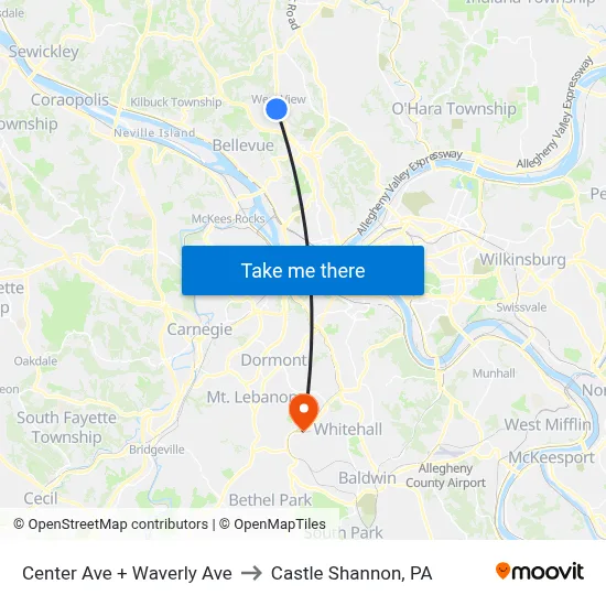 Center Ave + Waverly Ave to Castle Shannon,  PA map