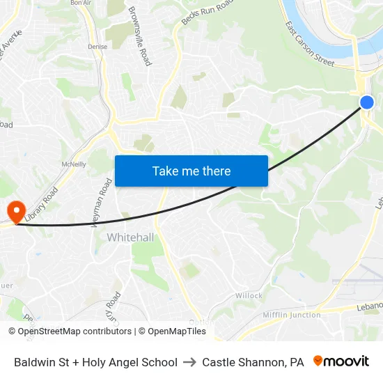 Baldwin St + Holy Angel School to Castle Shannon,  PA map