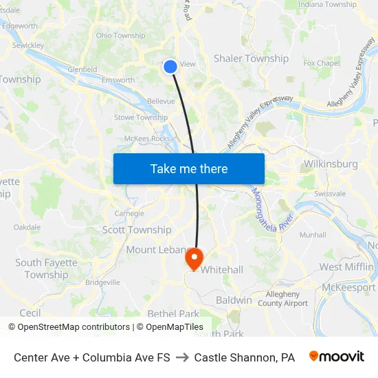 Center Ave + Columbia Ave FS to Castle Shannon,  PA map