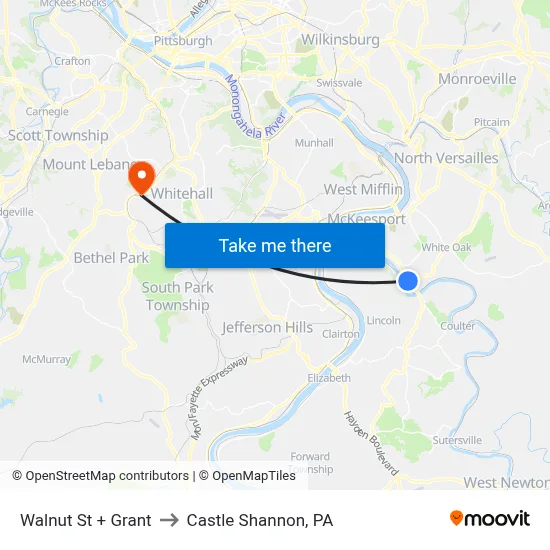 Walnut St + Grant to Castle Shannon,  PA map