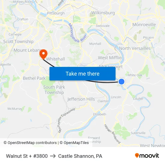 Walnut St + #3800 to Castle Shannon,  PA map