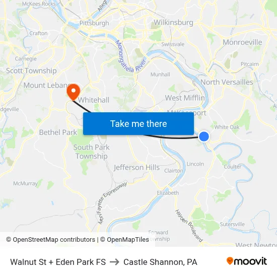 Walnut St + Eden Park FS to Castle Shannon,  PA map