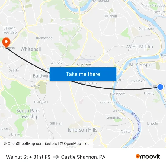 Walnut St + 31st FS to Castle Shannon,  PA map