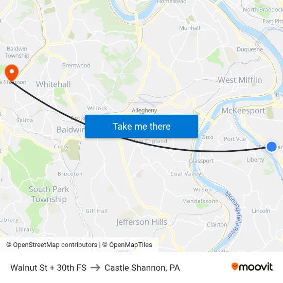 Walnut St + 30th FS to Castle Shannon,  PA map