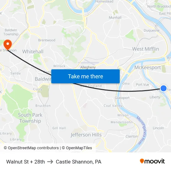 Walnut St + 28th to Castle Shannon,  PA map