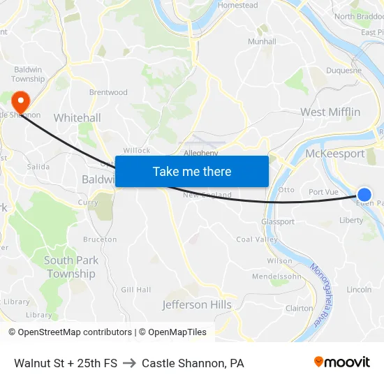 Walnut St + 25th FS to Castle Shannon,  PA map