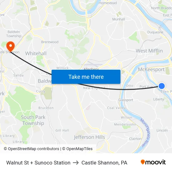 Walnut St + Sunoco Station to Castle Shannon,  PA map