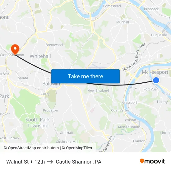 Walnut St + 12th to Castle Shannon,  PA map