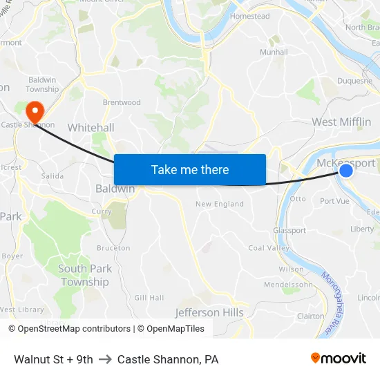 Walnut St + 9th to Castle Shannon,  PA map
