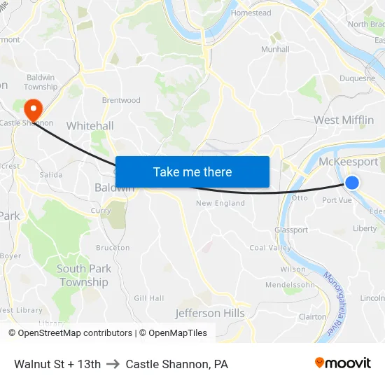 Walnut St + 13th to Castle Shannon,  PA map