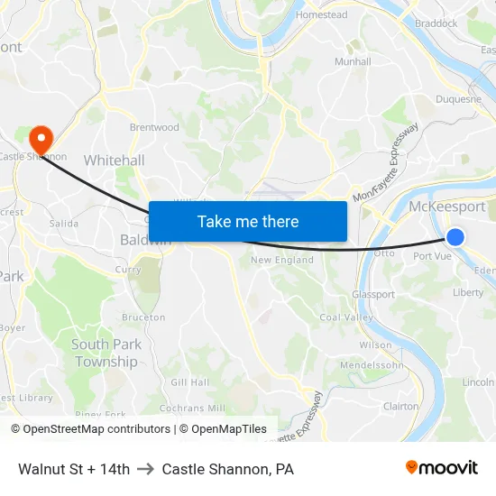 Walnut St + 14th to Castle Shannon,  PA map