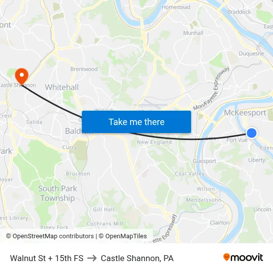Walnut St + 15th FS to Castle Shannon,  PA map