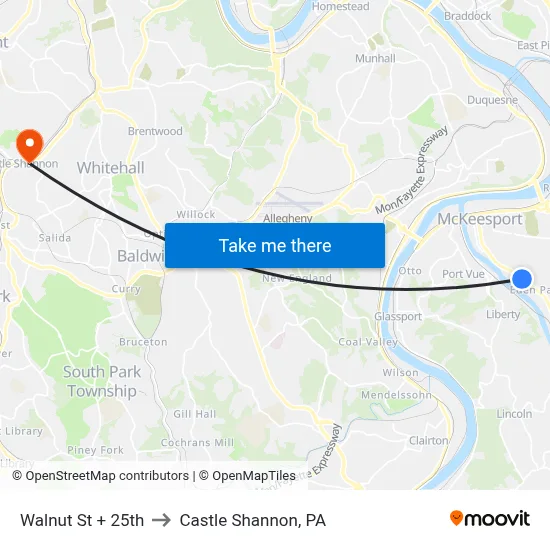 Walnut St + 25th to Castle Shannon,  PA map