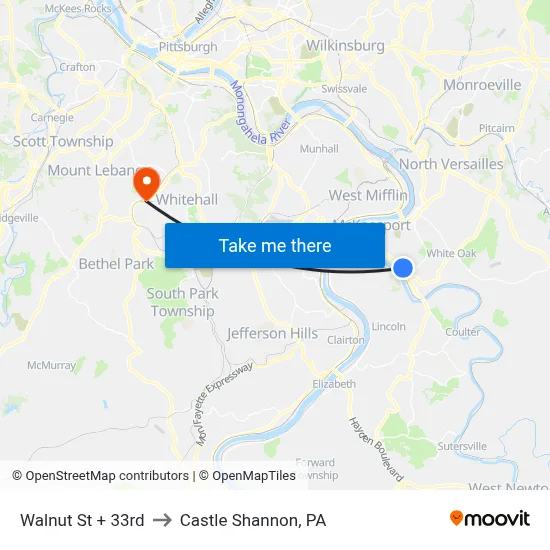 Walnut St + 33rd to Castle Shannon,  PA map