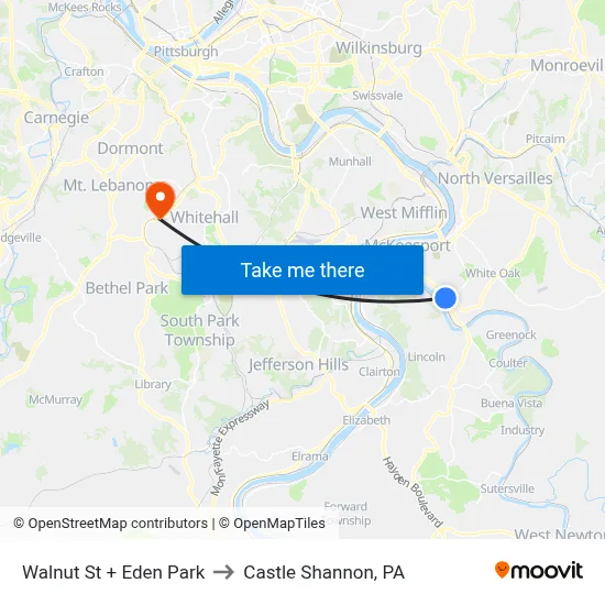 Walnut St + Eden Park to Castle Shannon,  PA map
