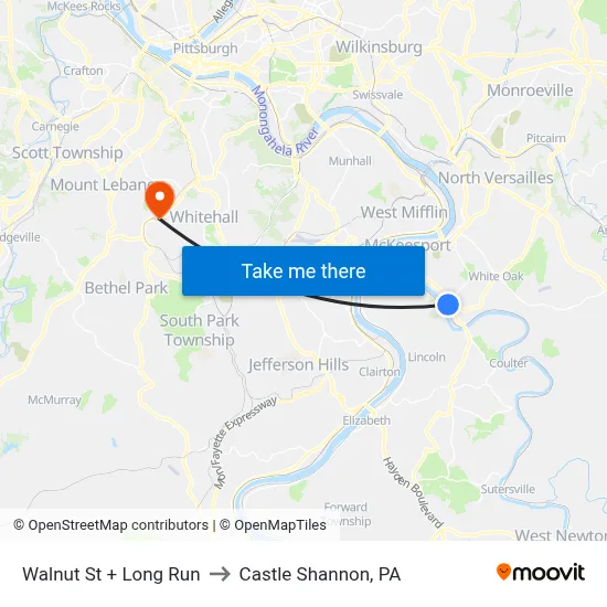 Walnut St + Long Run to Castle Shannon,  PA map