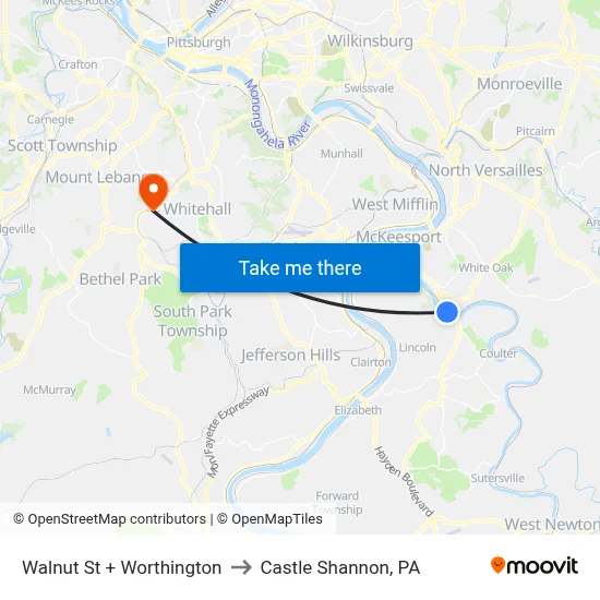 Walnut St + Worthington to Castle Shannon,  PA map