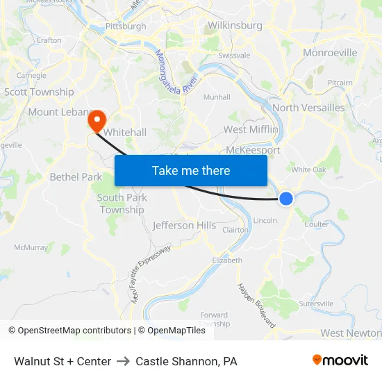 Walnut St + Center to Castle Shannon,  PA map