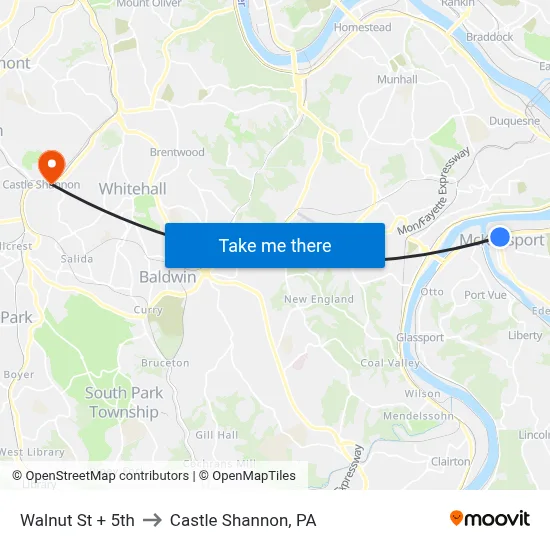 Walnut St + 5th to Castle Shannon,  PA map
