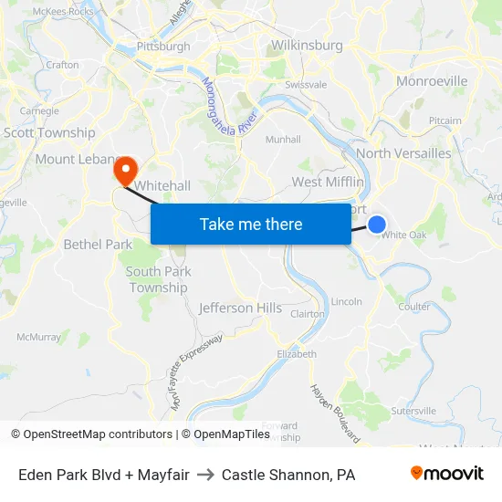 Eden Park Blvd + Mayfair to Castle Shannon,  PA map