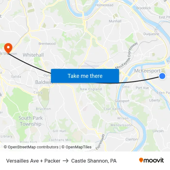 Versailles Ave + Packer to Castle Shannon,  PA map