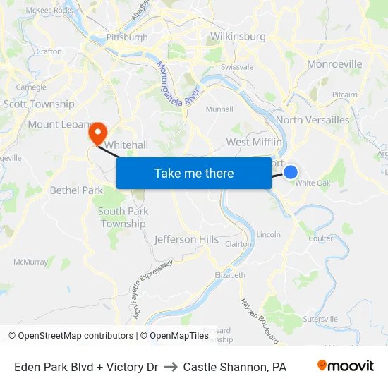 Eden Park Blvd + Victory Dr to Castle Shannon,  PA map