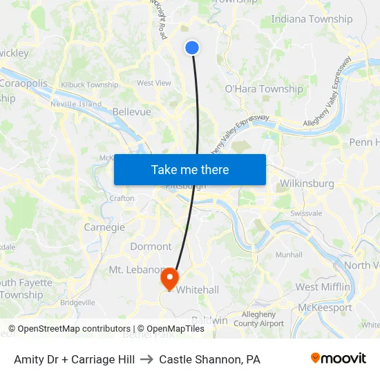 Amity Dr + Carriage Hill to Castle Shannon,  PA map