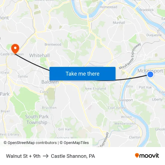 Walnut St + 9th to Castle Shannon,  PA map