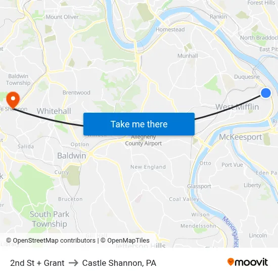 2nd St + Grant to Castle Shannon,  PA map
