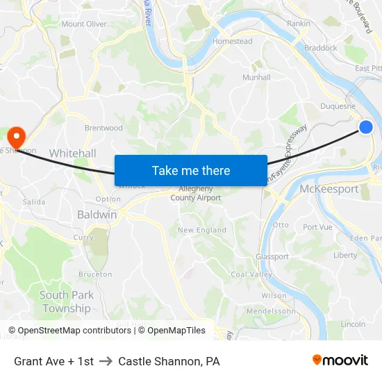 Grant Ave + 1st to Castle Shannon,  PA map