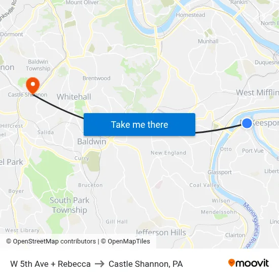 W 5th Ave + Rebecca to Castle Shannon,  PA map